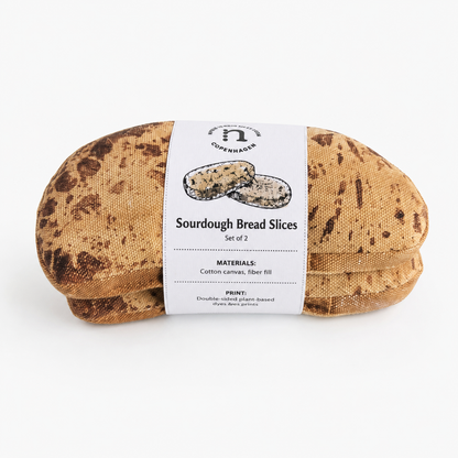 Sourdough bread slices  with a label on a white background