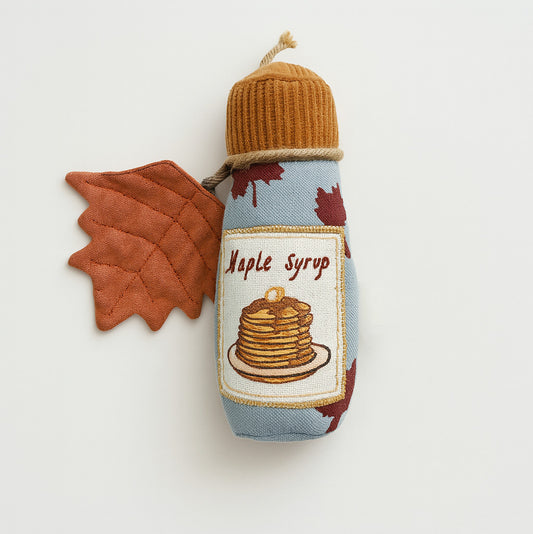 Handmade Maple Syrup Bottle Rattle – Hand-Printed & Embroidered in Cotton