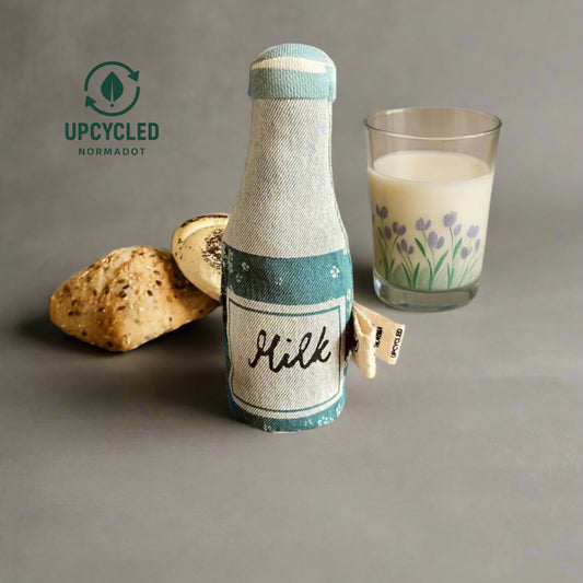 Upcycled Denim Milk Bottle – Handmade Sustainable Soft Toy (17 cm)