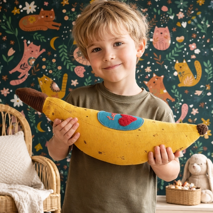 Child holding a plush banana Pillow against a colorful wall with cat illustrations.