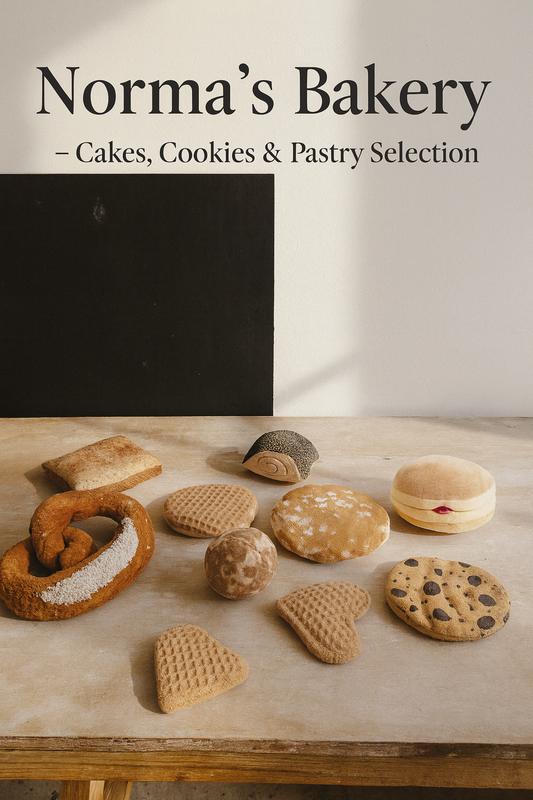 Assorted baked goods on a wooden table with 'Norma's Bakery' text above.