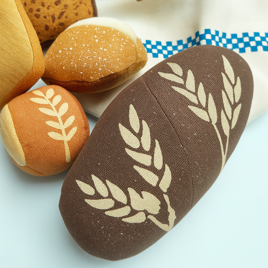 Toy bread with leaf pattern on a white background