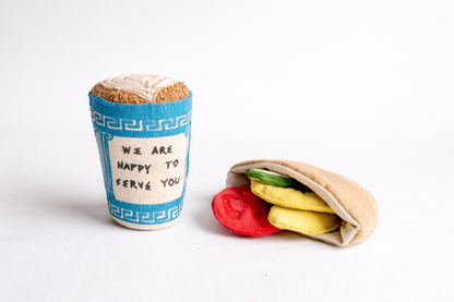 Greek coffee fabric toy  and a pretend Play Pita Bread with  vegetables  items on a white background