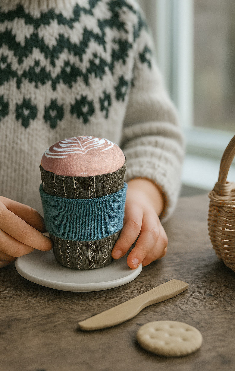 Handmade Upcycled Fabric Coffee Cup Toy – Embroidered & Handprinted