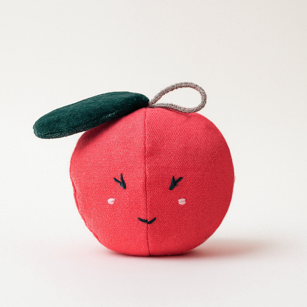 Handmade Embroidered Apple Rattle – Cotton Canvas & Velour Leaf