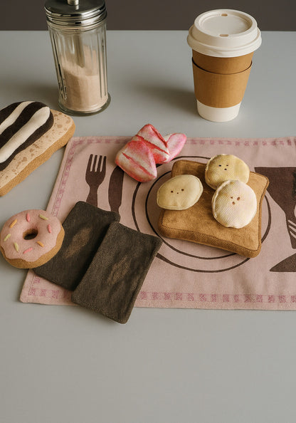 Play Food Set – Bread, Fruit & Chocolate with Embroidered Placemat