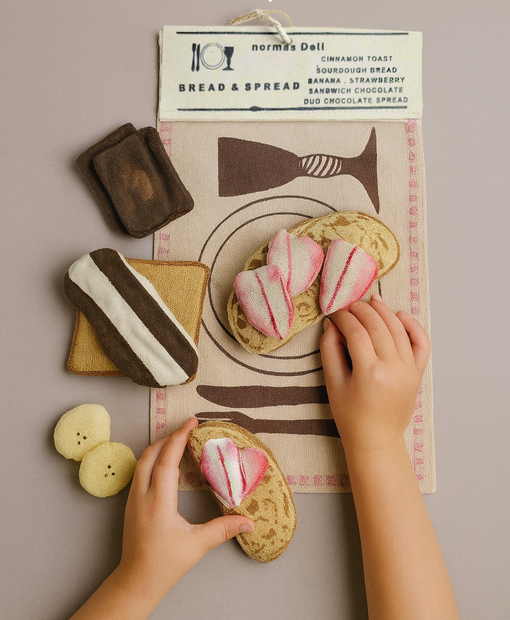 Play Food Set – Bread, Fruit & Chocolate with Embroidered Placemat