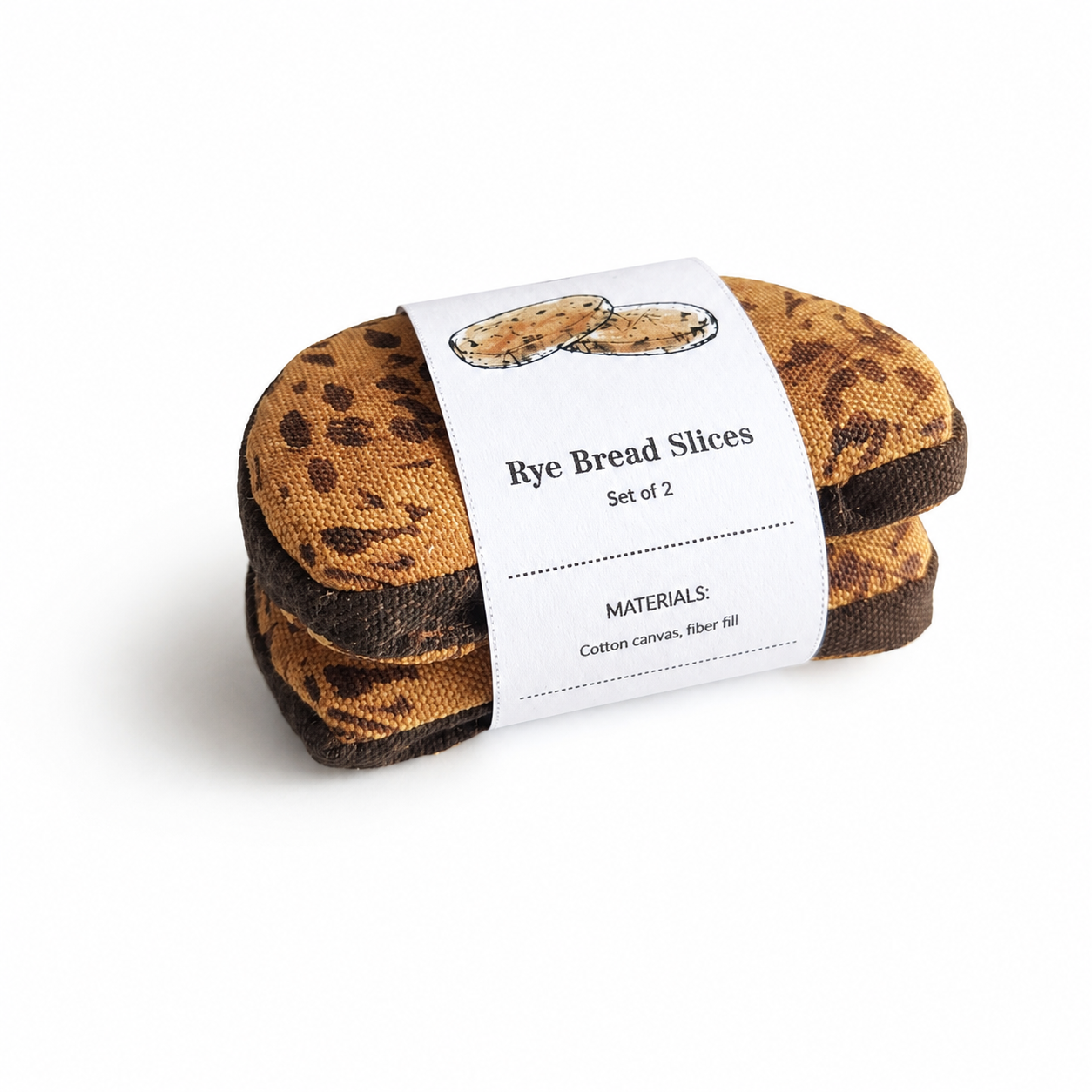 Packaged fabric rye bread slices with a label on a white background