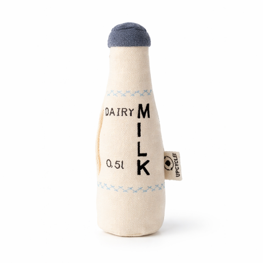 Toy milk bottle with 'Dairy Milk' text on a white background
