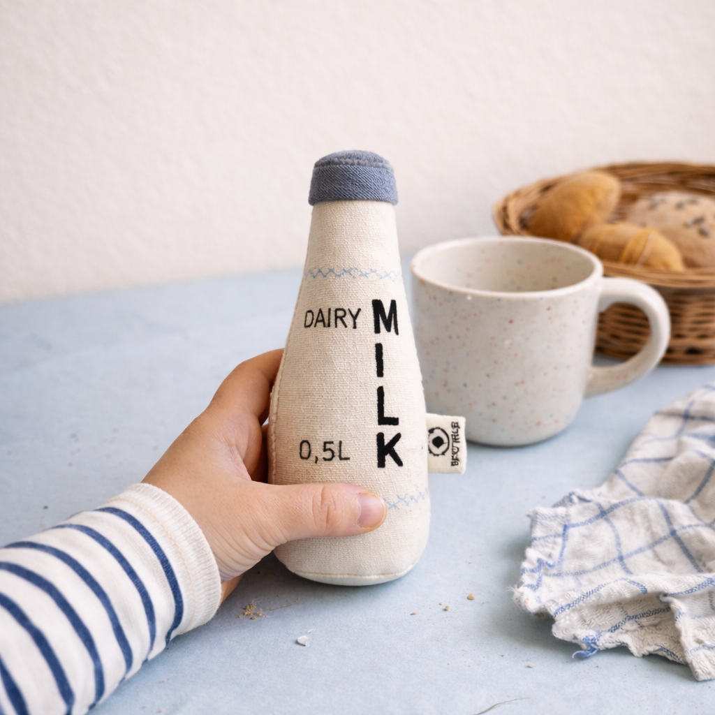 Hand holding a toy milk bottle labeled 'Dairy Milk' on a table with a mug and bread basket in the background.