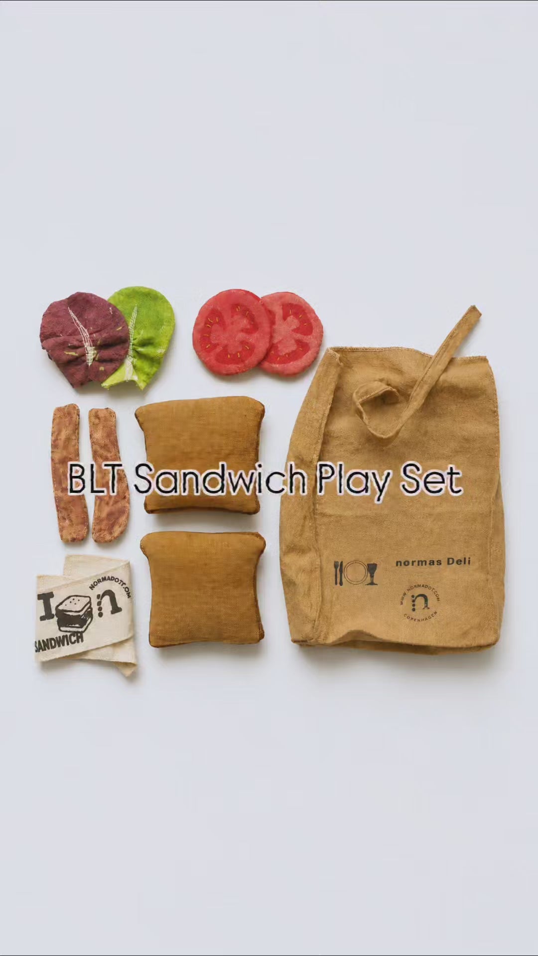 Handmade BLT sandwich play food set with soft fabric toast, bacon, lettuce, tomato, cotton deli bag and wrap label for pretend play kitchens