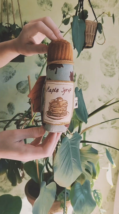Handmade Maple Syrup Bottle Rattle – Hand-Printed & Embroidered in Cotton