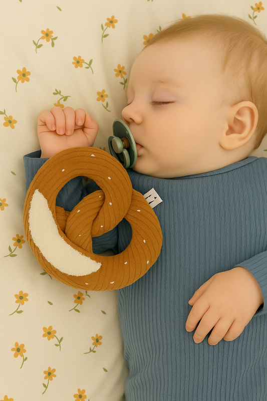 Handmade Upcycled Pretzel Baby Rattle – Embroidered Sensory Toy (0+ Months)