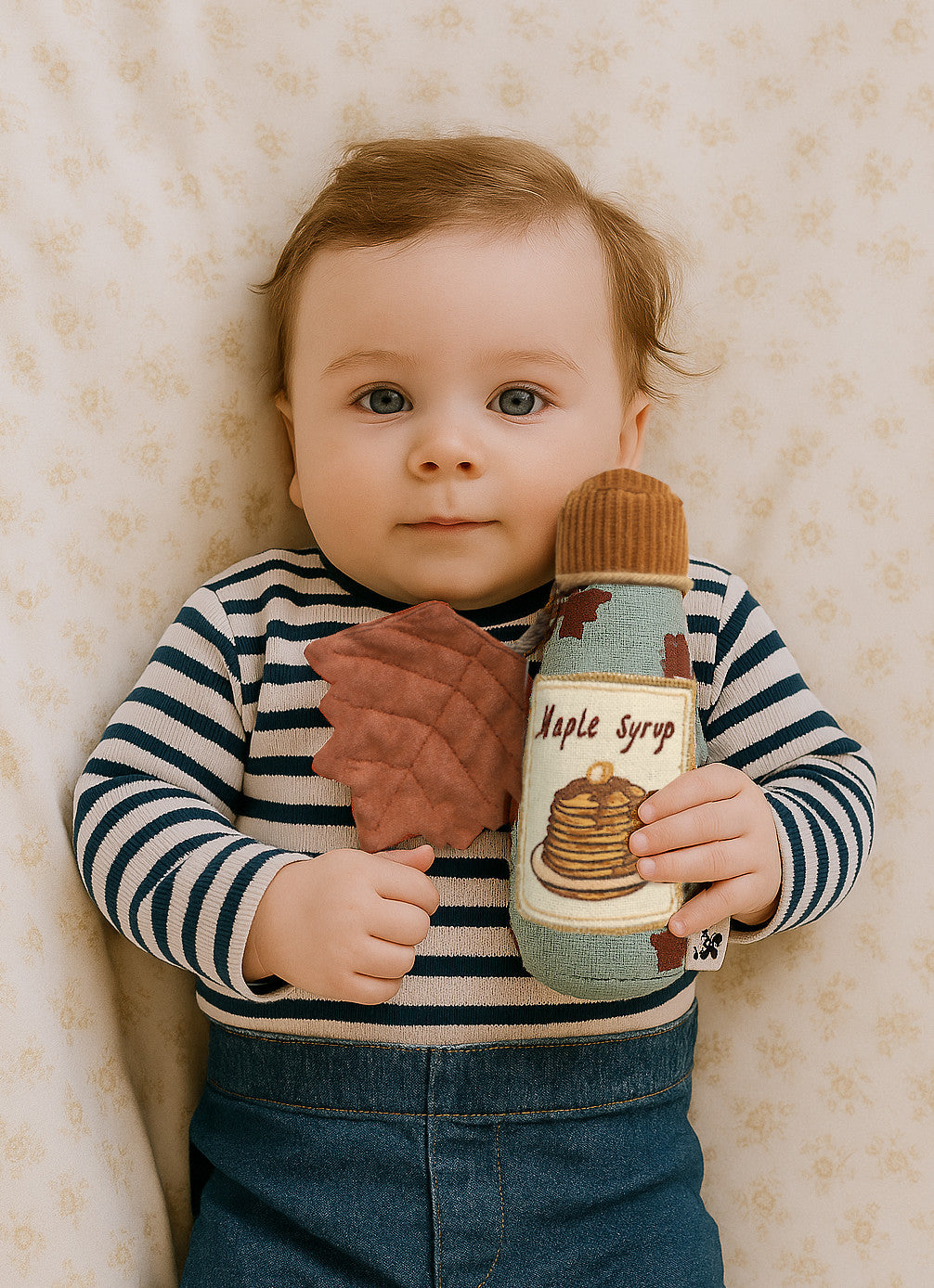 Handmade Maple Syrup Bottle Rattle – Hand-Printed & Embroidered in Cotton